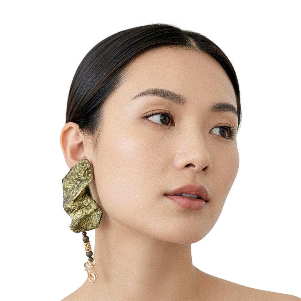 Verdant Tension — Handmade Sculptural Paper Drop Earrings — studio view