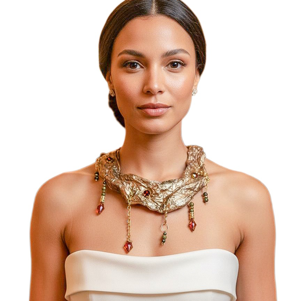 Garnet Compression — Sculptural Paper Collar Necklace — studio view