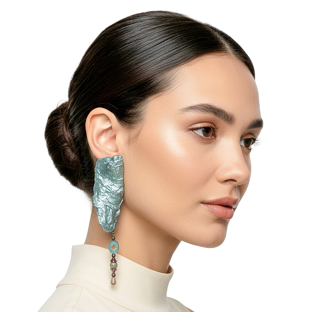 Tidal Descent — Handmade Sculptural Paper Earrings — studio view