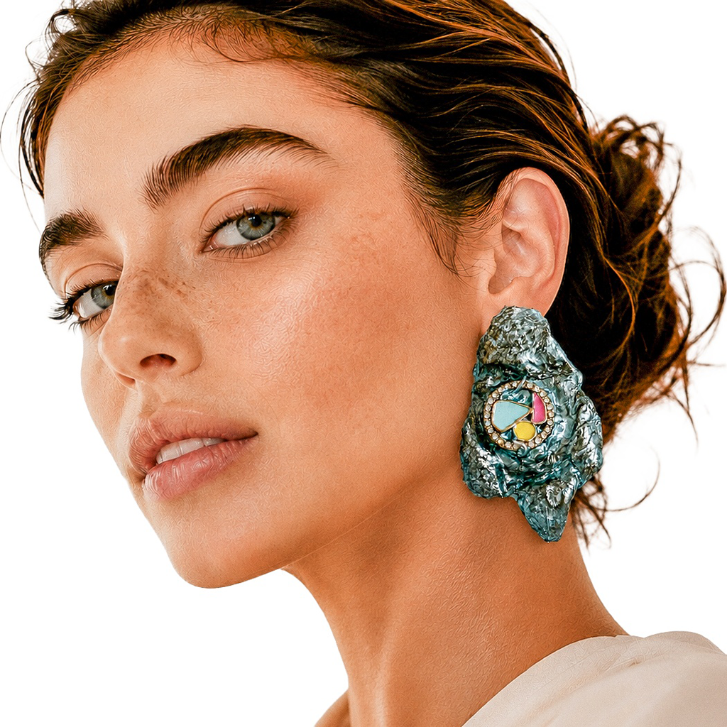 Eroded Tension — Handmade Sculptural Paper Earrings — studio view