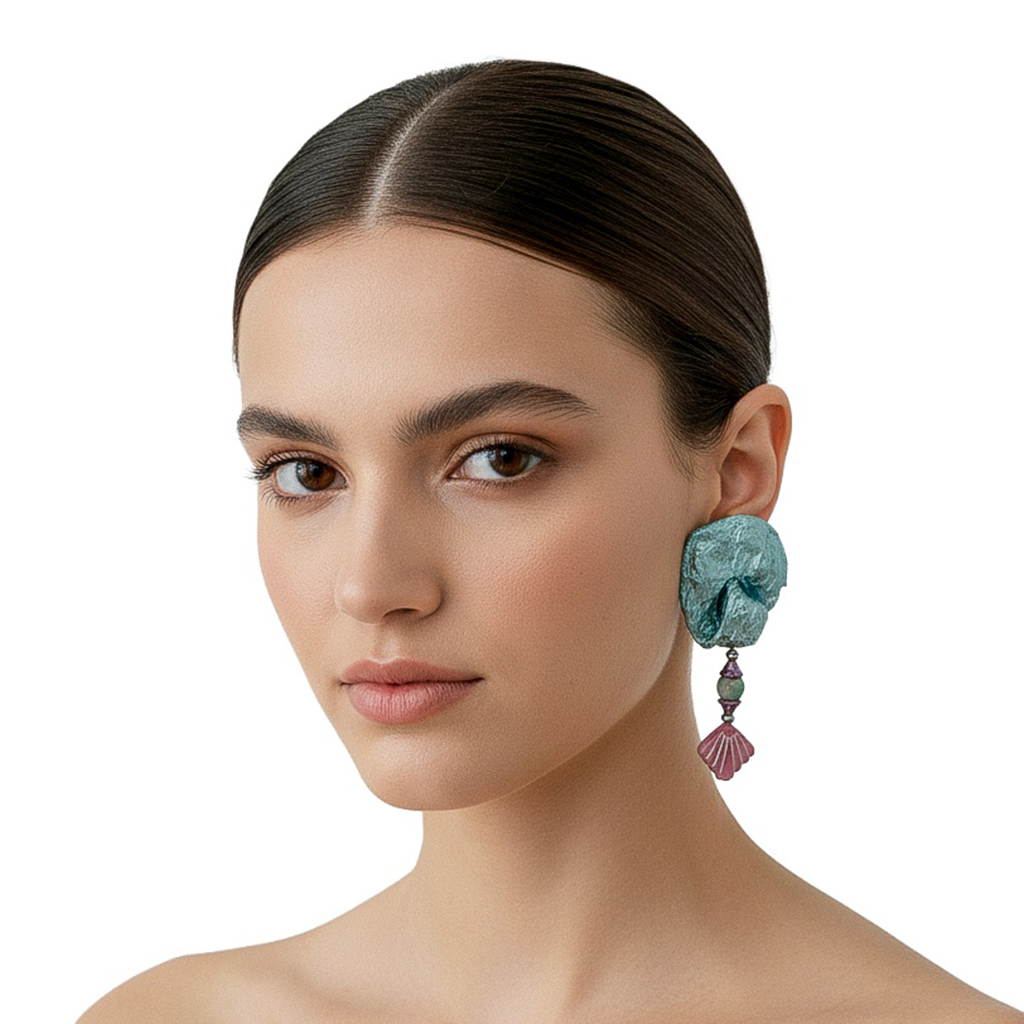 Tidal Relic — Handmade Sculptural Paper Earrings — studio view