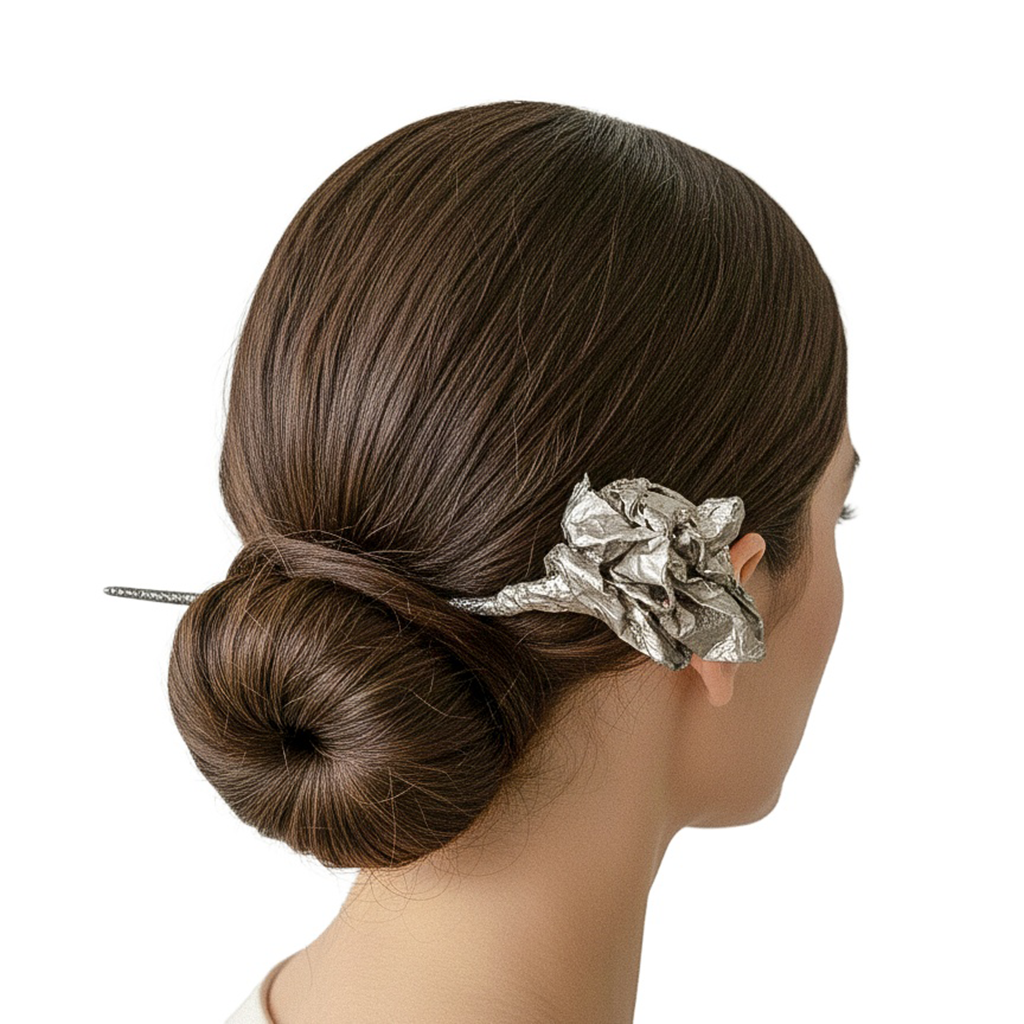 Crushed Bloom — Sculptural Paper Hairpin — studio view