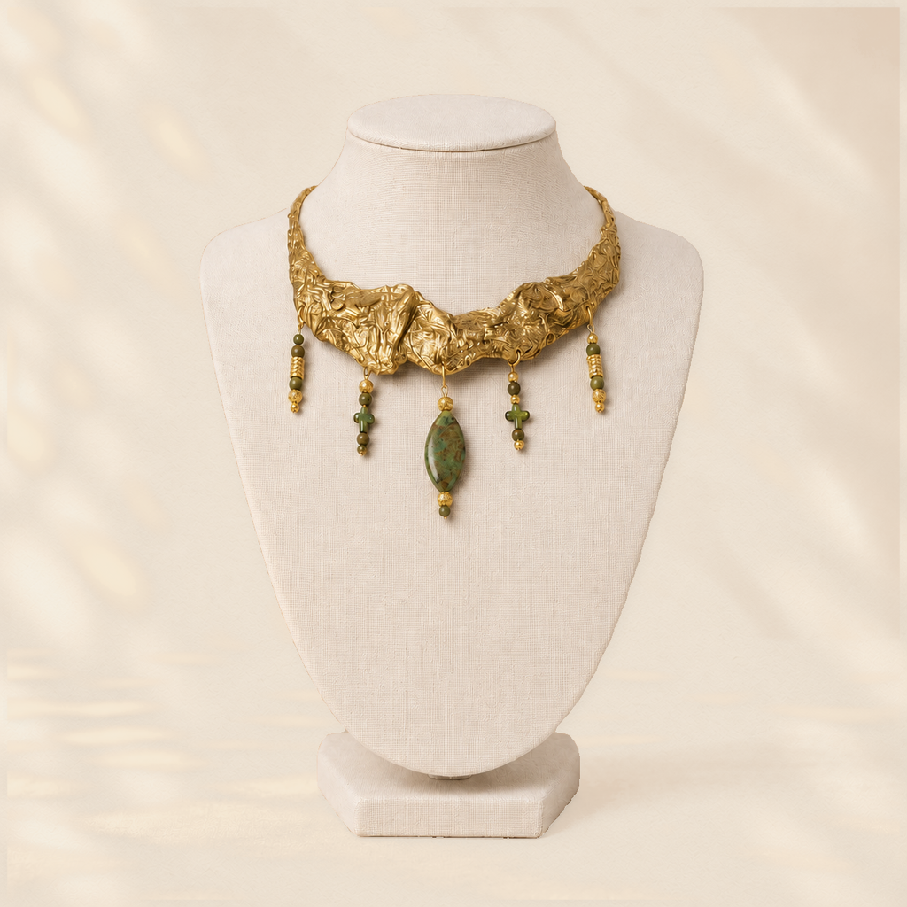 Gilded Relic — Sculptural Paper Necklace on warm cream background