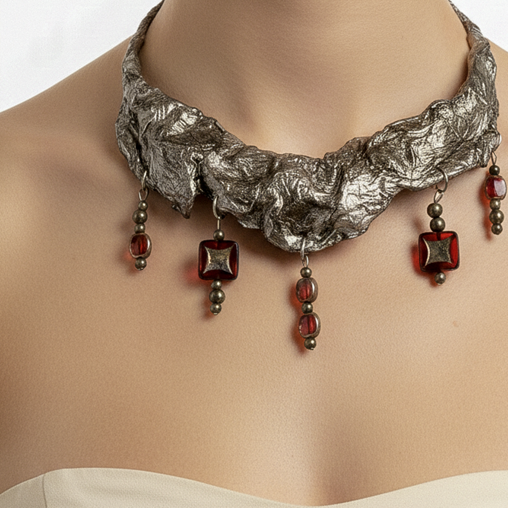 Garnet Trace — Sculptural Paper Necklace — studio view
