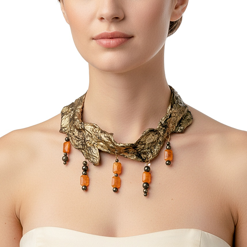 Amber Tension — Sculptural Paper Necklace — studio view