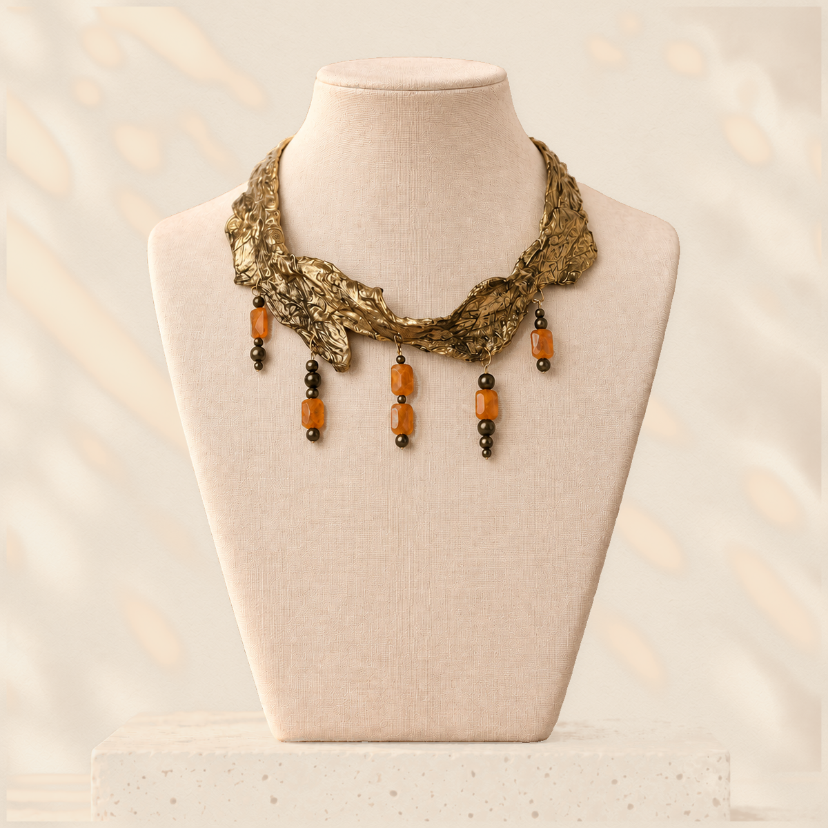 Amber Tension — Sculptural Paper Necklace on warm cream background