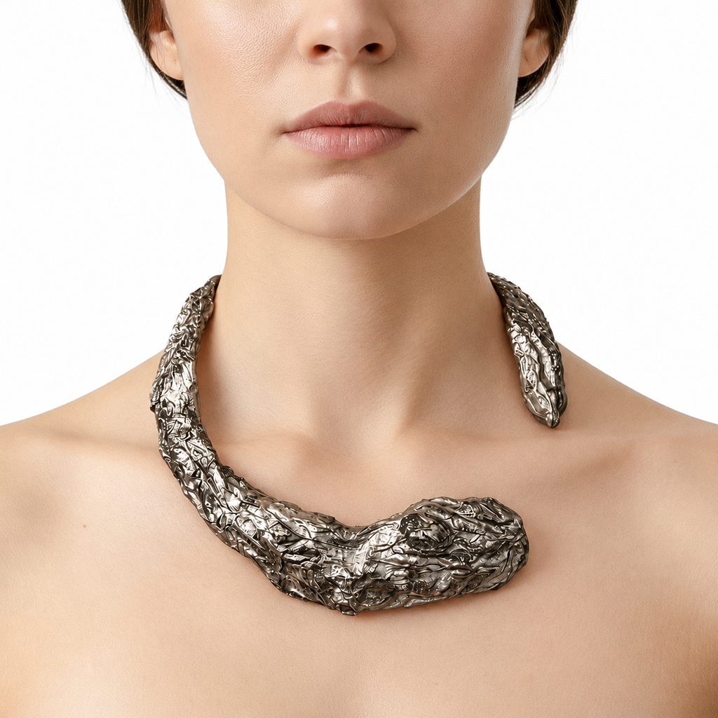 Gilded Compression — Sculptural Paper Collar Necklace — studio view