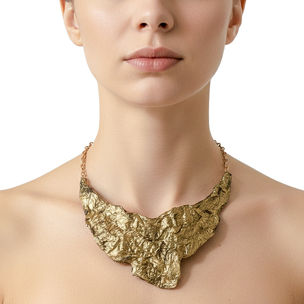 Gilded Fault — Sculptural Paper Bib Necklace — studio view
