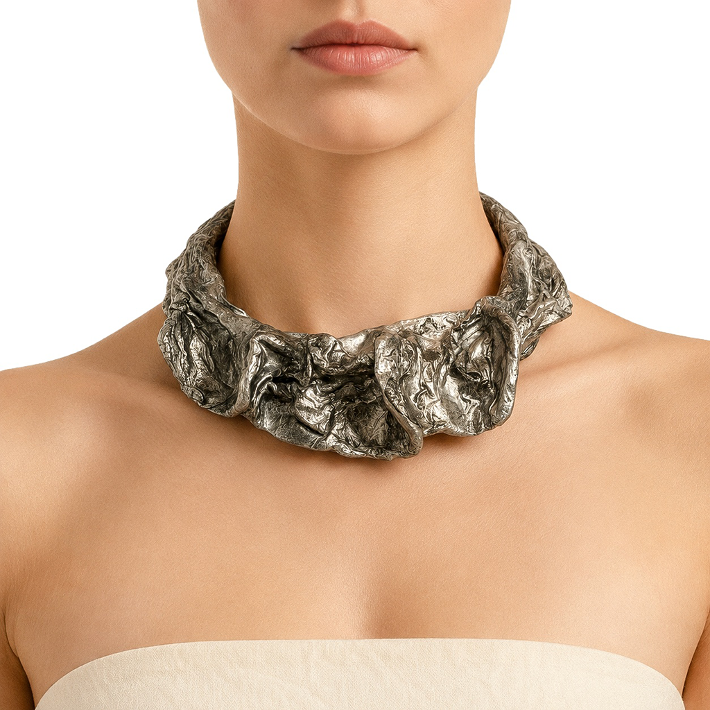 Silver Current — Sculptural Paper Collar Necklace — studio view