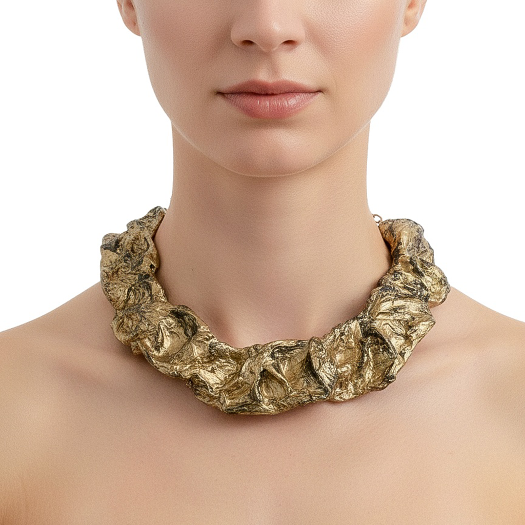 Gilded Faultline — Sculptural Paper Necklace — studio view