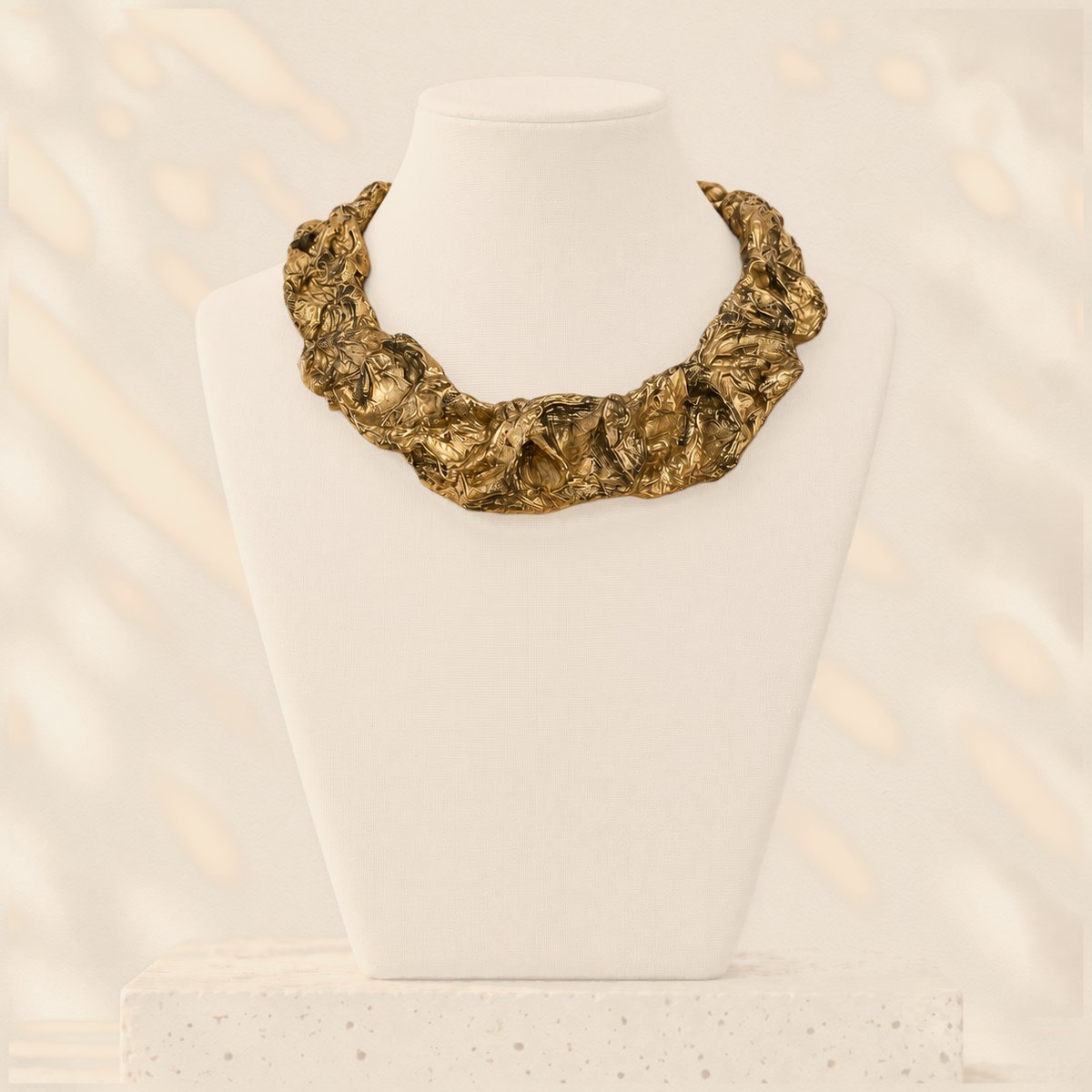 Gilded Faultline — Sculptural Paper Necklace on warm cream background