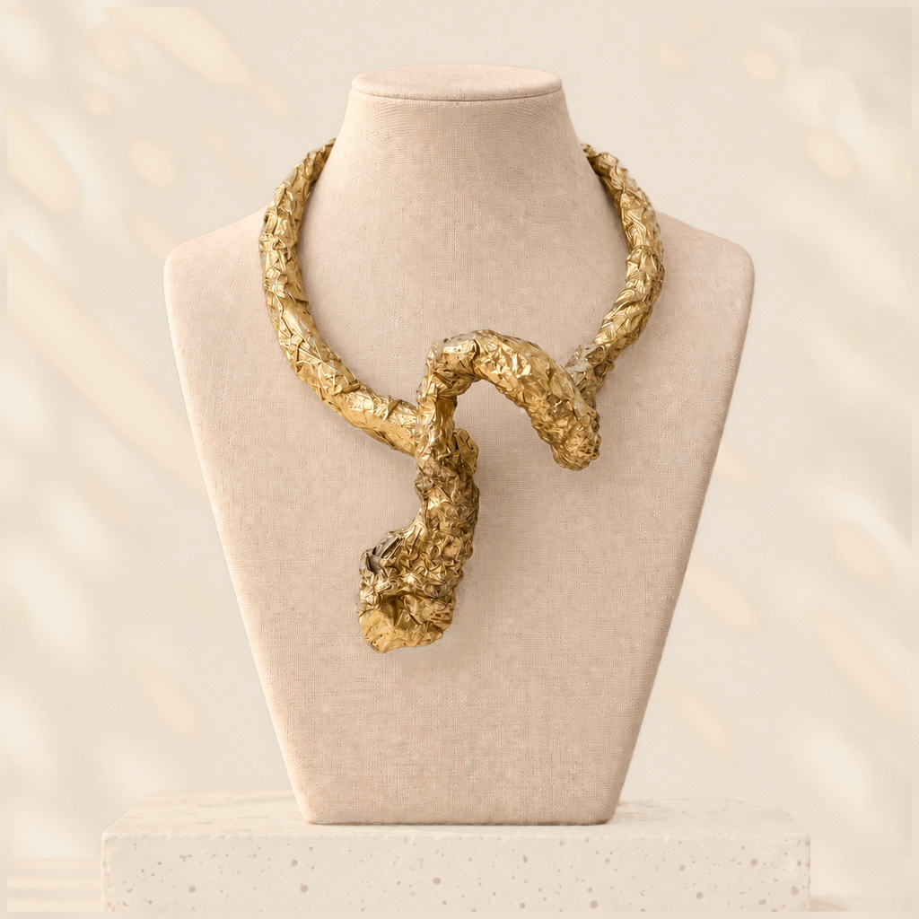 Gilded Rebalance — Sculptural Paper Necklace on warm cream background