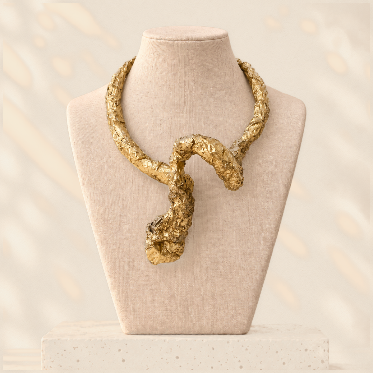 Gilded Rebalance — Sculptural Paper Necklace on warm cream background