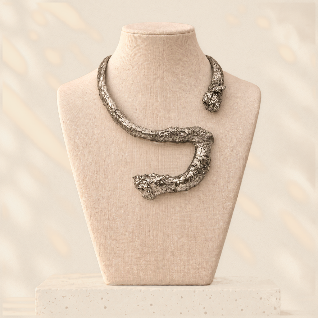 Silver Rebalance — Sculptural Paper Necklace on warm cream background