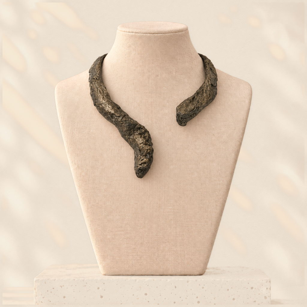 Graphite Rebalance — Sculptural Paper Necklace on warm cream background