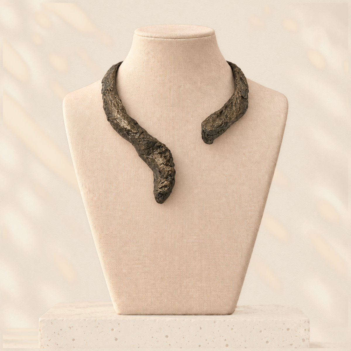 Graphite Rebalance — Sculptural Paper Necklace on warm cream background
