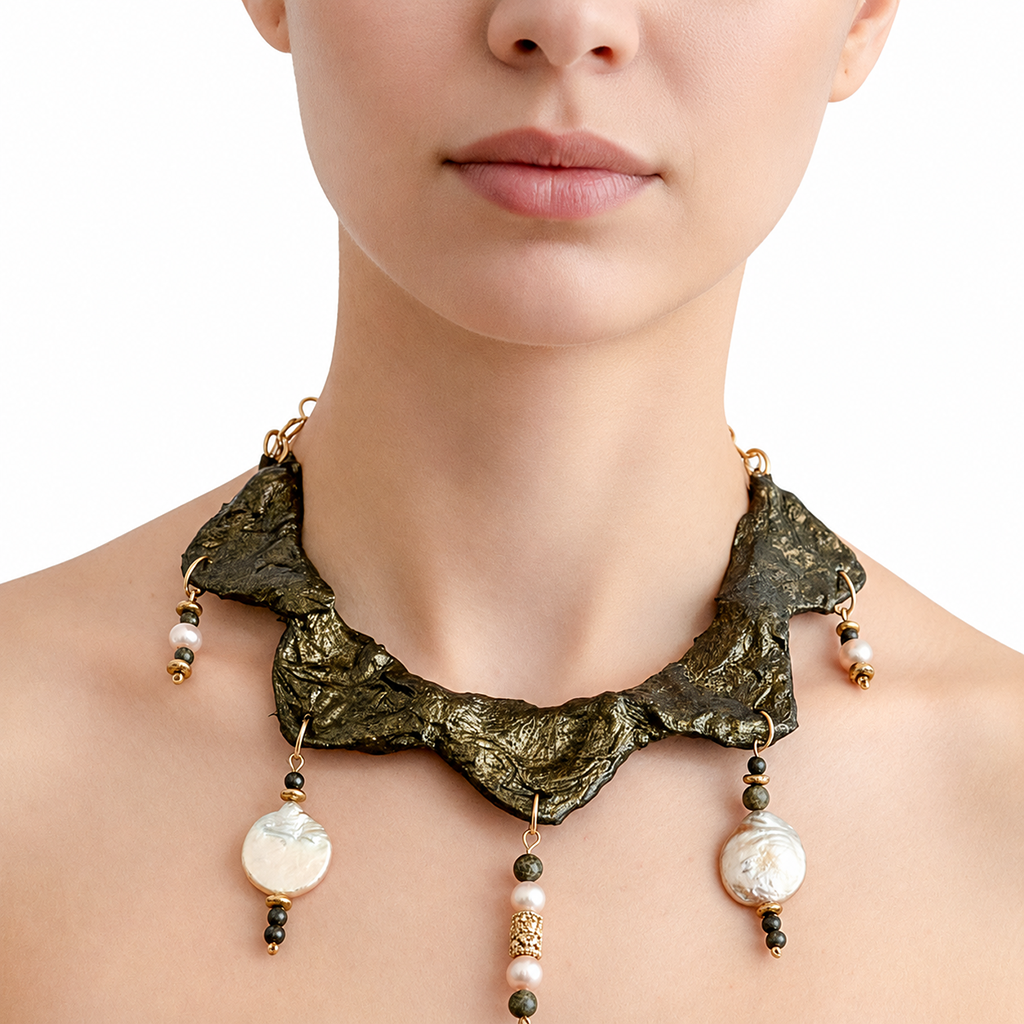 Anchored Pearl — Sculptural Paper Necklace — studio view