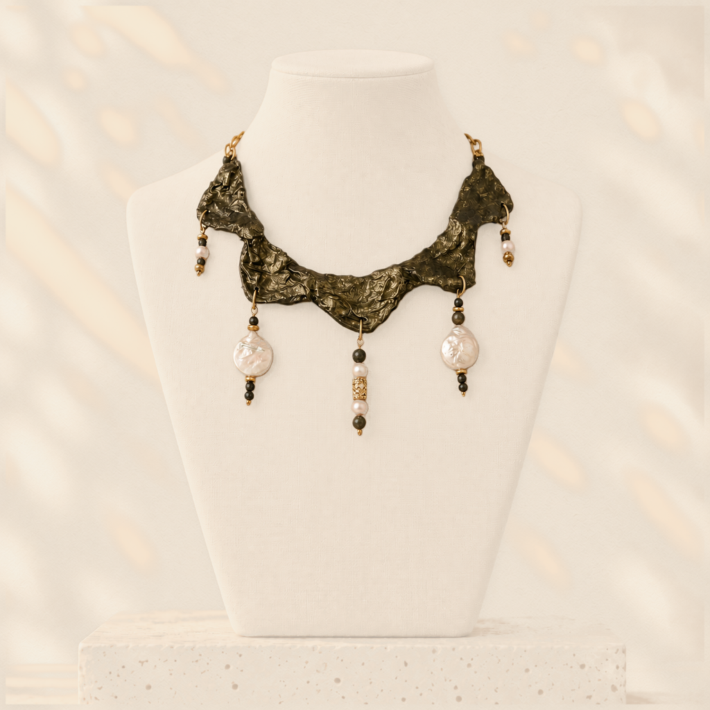 Anchored Pearl — Sculptural Paper Necklace on warm cream background