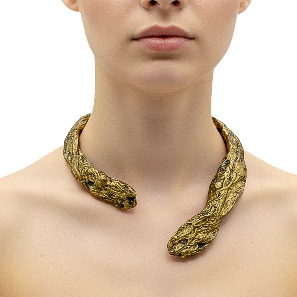 Gilded Divide — Sculptural Paper Collar Necklace — studio view
