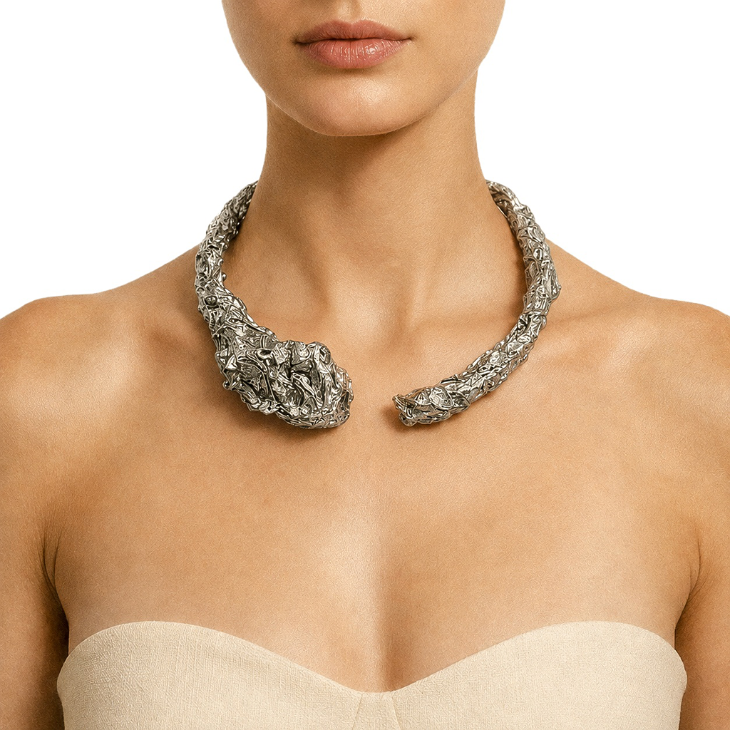 Silver Divide — Sculptural Paper Collar Necklace — studio view
