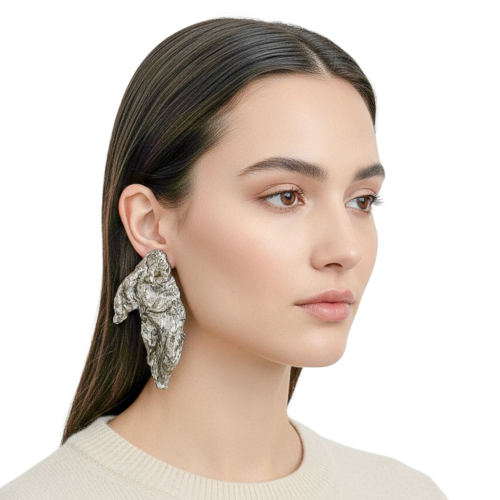 Weathered Balance — Handmade Sculptural Paper Earrings — studio view