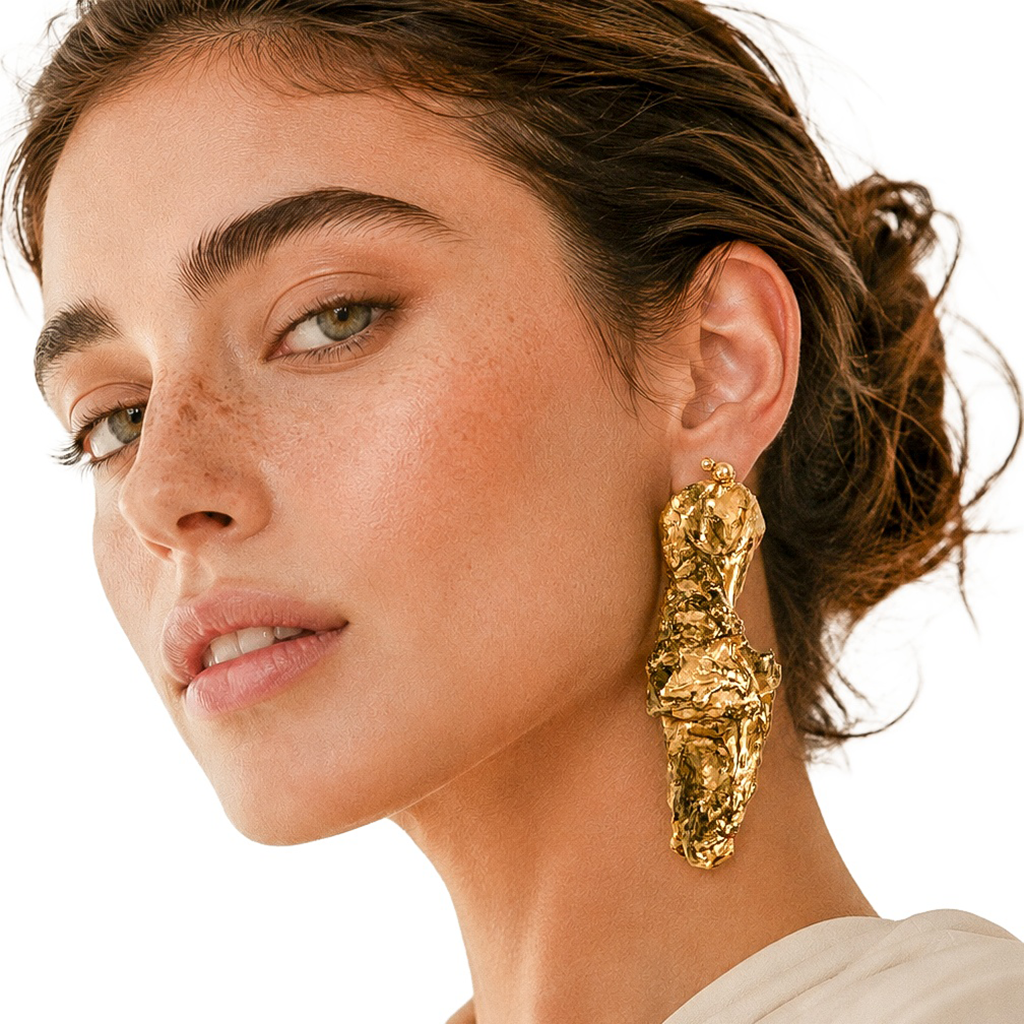 Golden Passage — Handmade Sculptural Paper Earrings — studio view