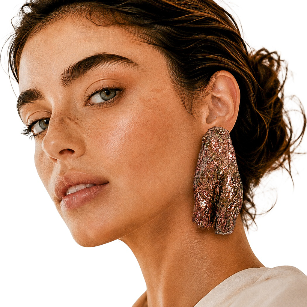 Ember Fold — Handmade Sculptural Paper Earrings — studio view