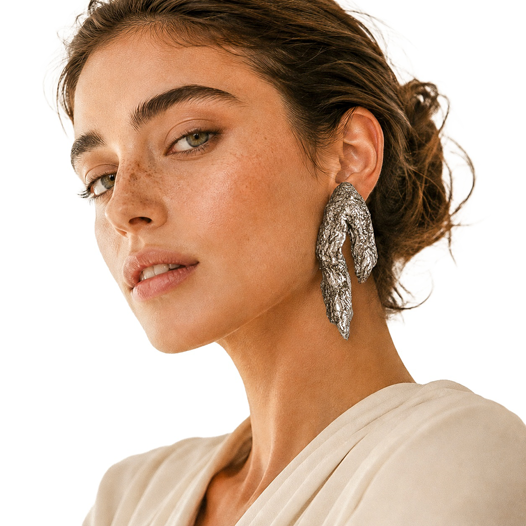 Split Current — Handmade Sculptural Paper Earrings — studio view