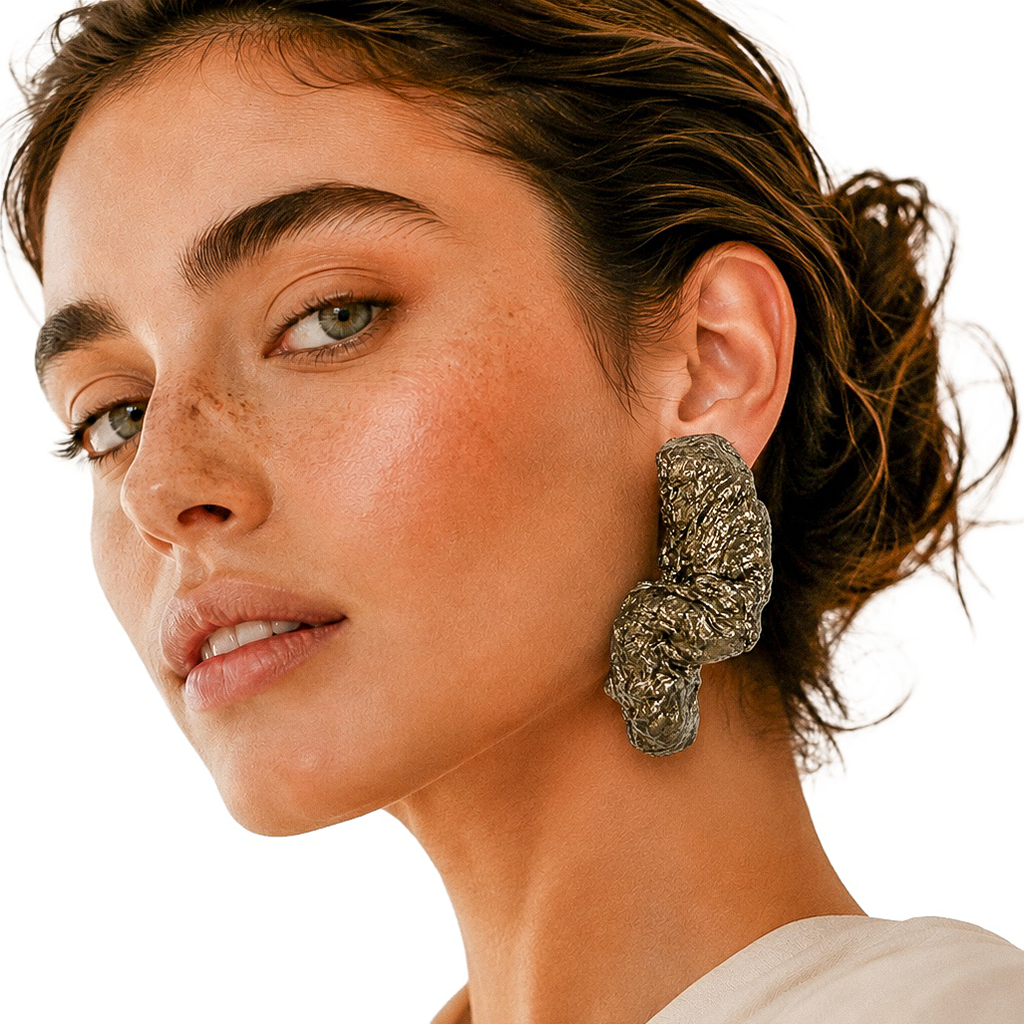 Compressed Earth — Handmade Sculptural Paper Earrings — studio view