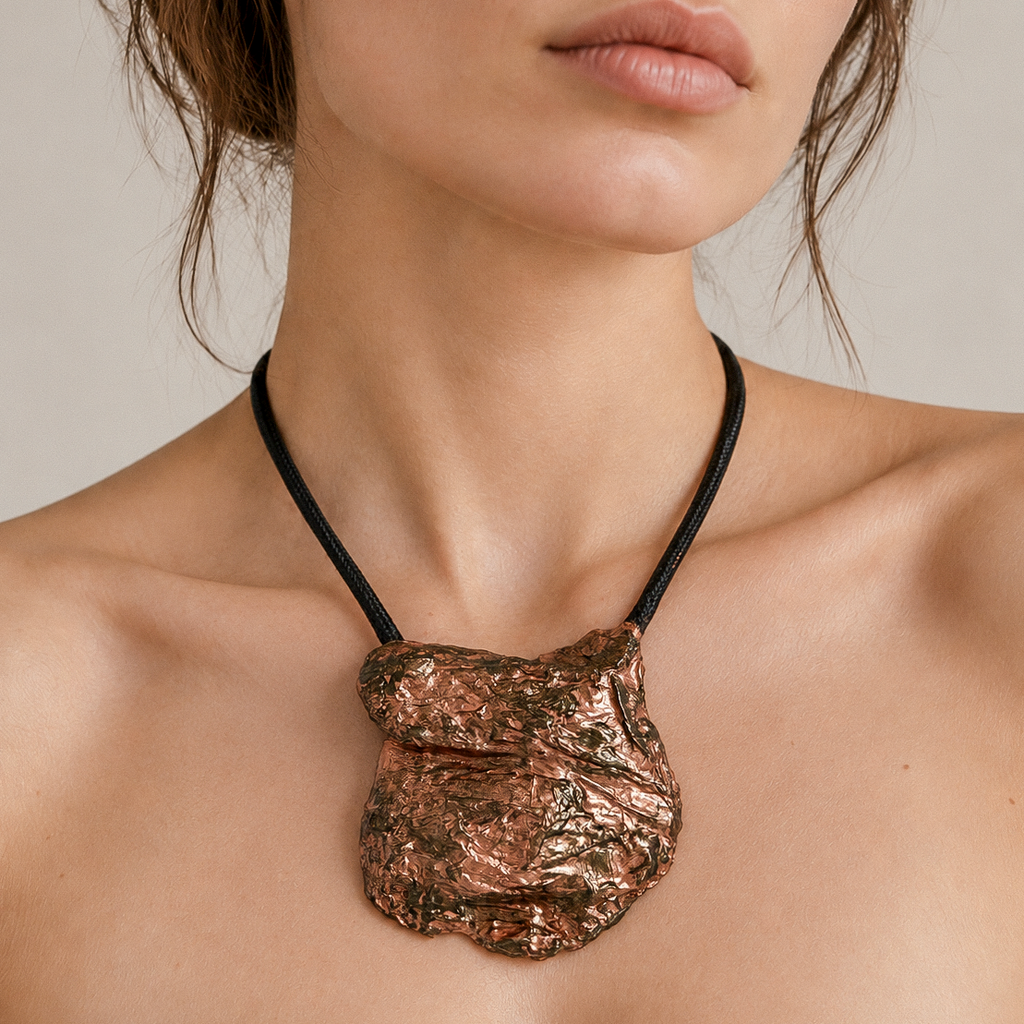 Copper Fold necklace worn by model
