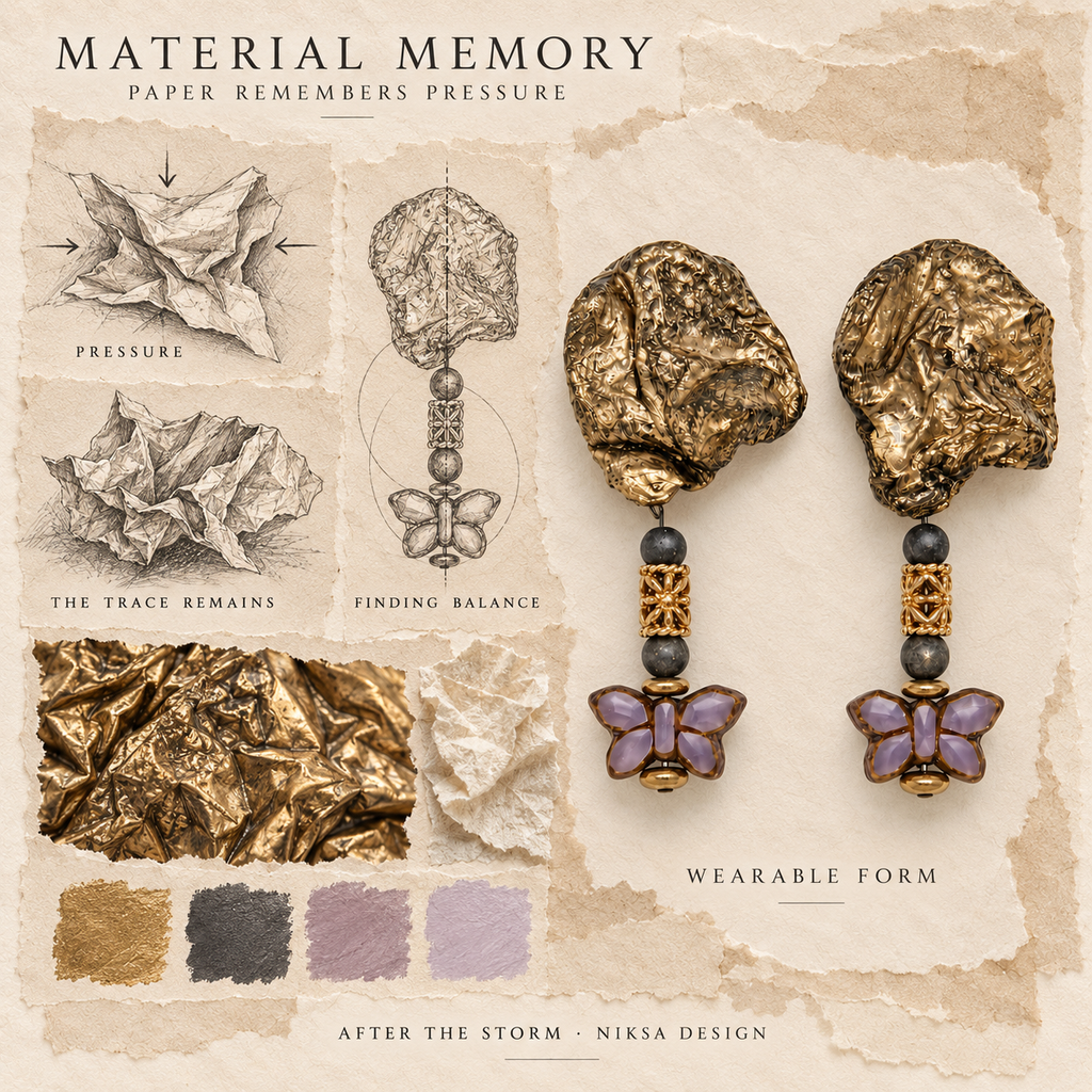 After the Storm concept moodboard: paper compression, retained folds and renewed balance, with sculptural earrings and graphite studies.