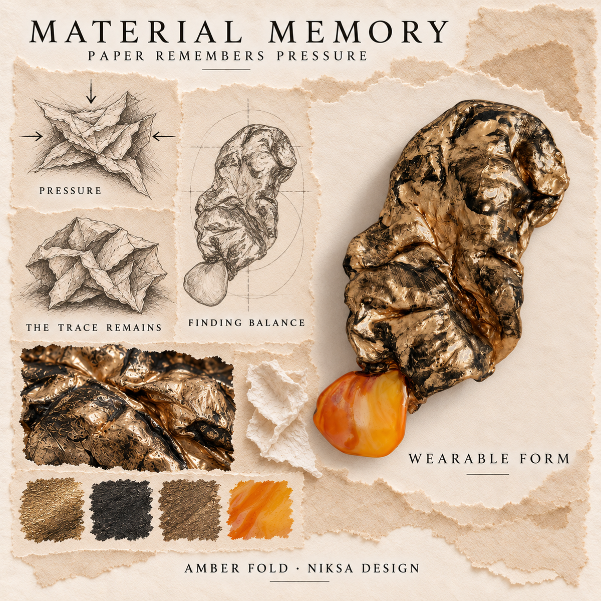 Amber Fold concept moodboard with sculptural jewelry, texture details and graphite studies of pressure, visible traces and balance.
