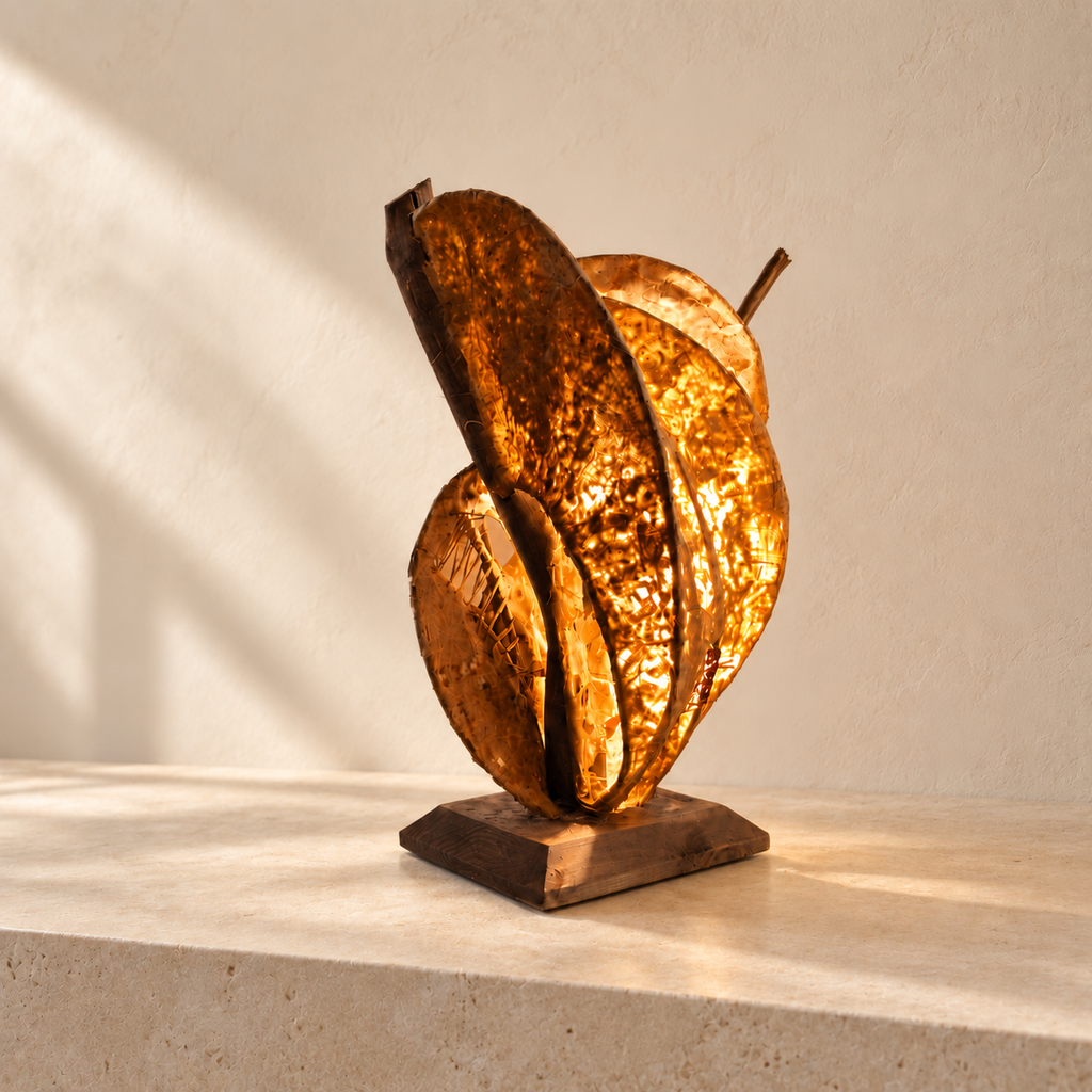 Amber Nest sculptural lamp, alternate side view in a bright minimal interior