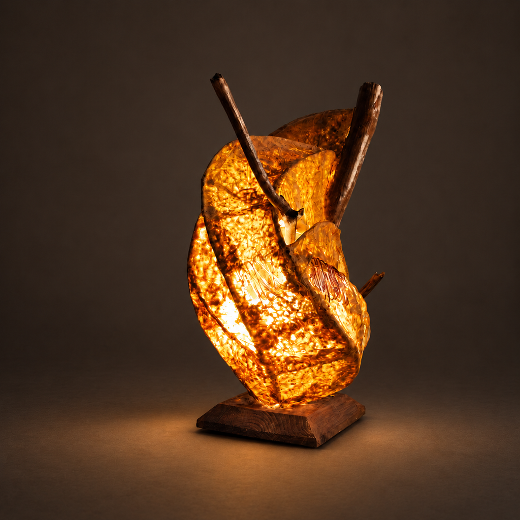 Amber Nest sculptural lamp illuminated against warm charcoal