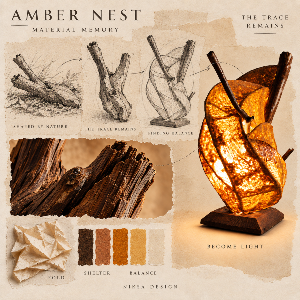 Amber Nest material and transformation moodboard
