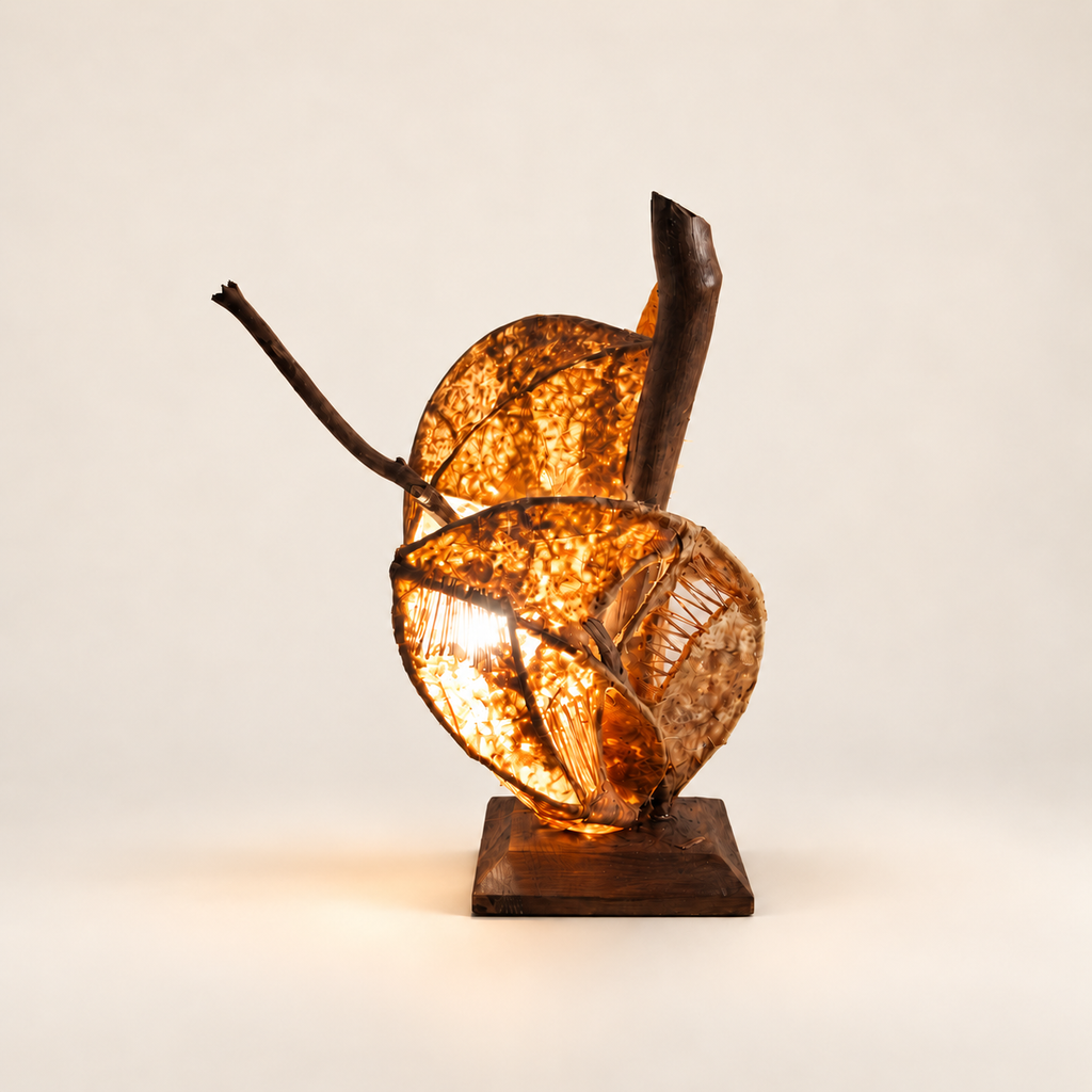 Amber Nest sculptural lamp, additional original angle 2 on warm ivory