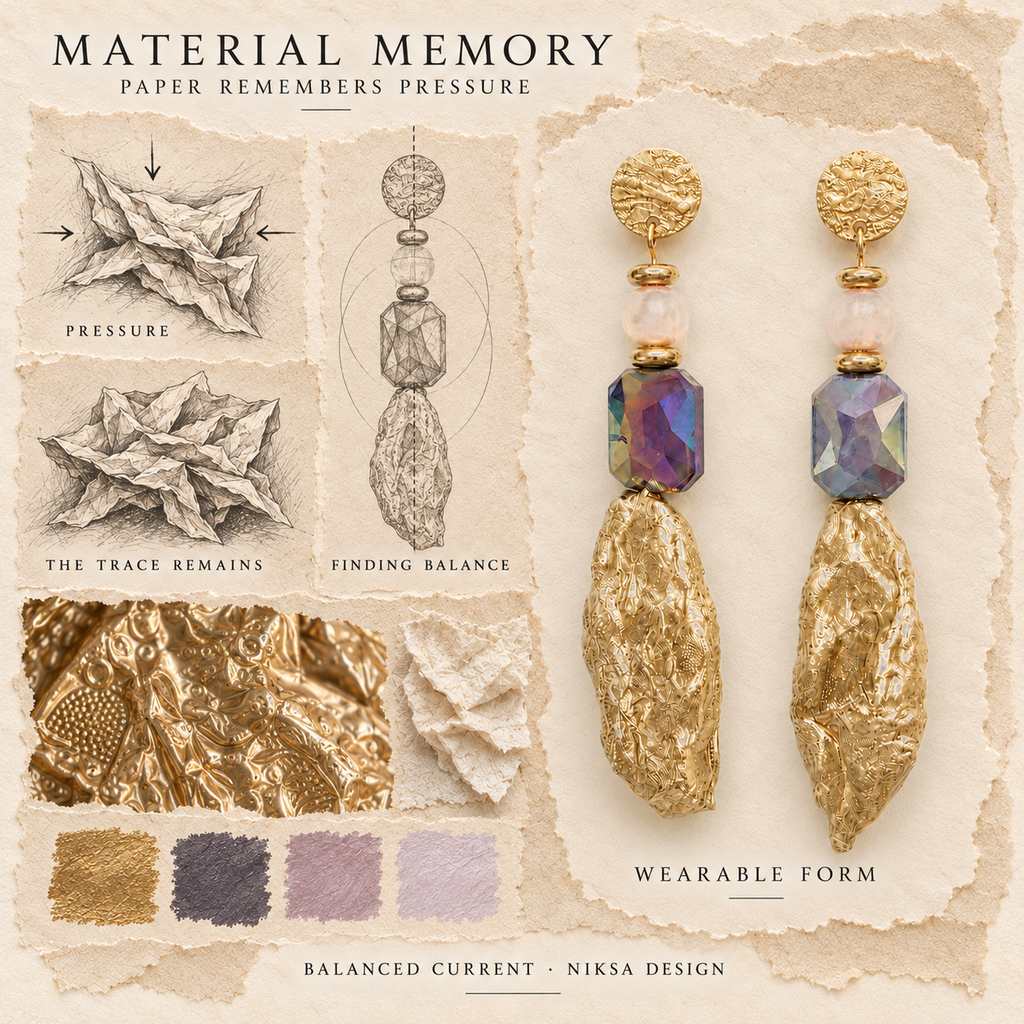 Balanced Current concept moodboard: paper compression, retained folds and renewed balance, with sculptural earrings and graphite studies.