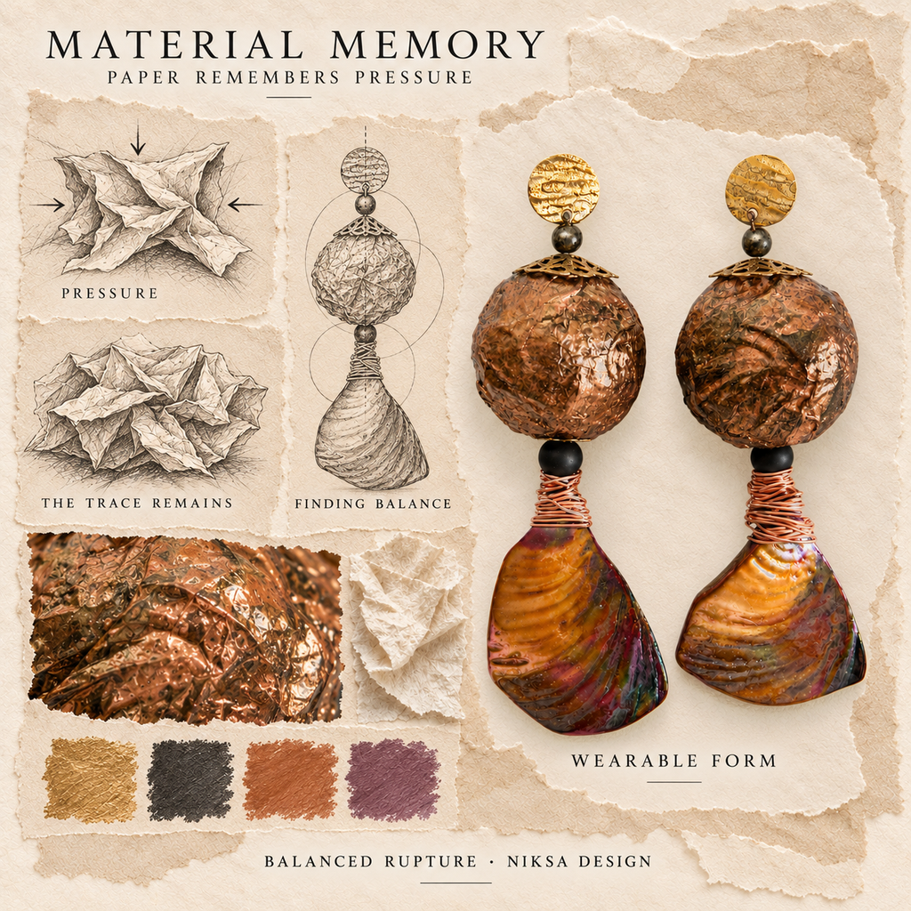 Balanced Rupture concept moodboard: paper compression, retained folds and renewed balance, with sculptural earrings and graphite studies.