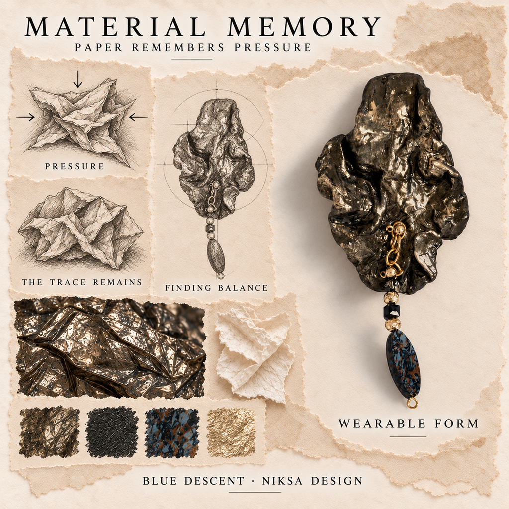 Blue Descent concept moodboard with sculptural jewelry, texture details and graphite studies of pressure, visible traces and balance.