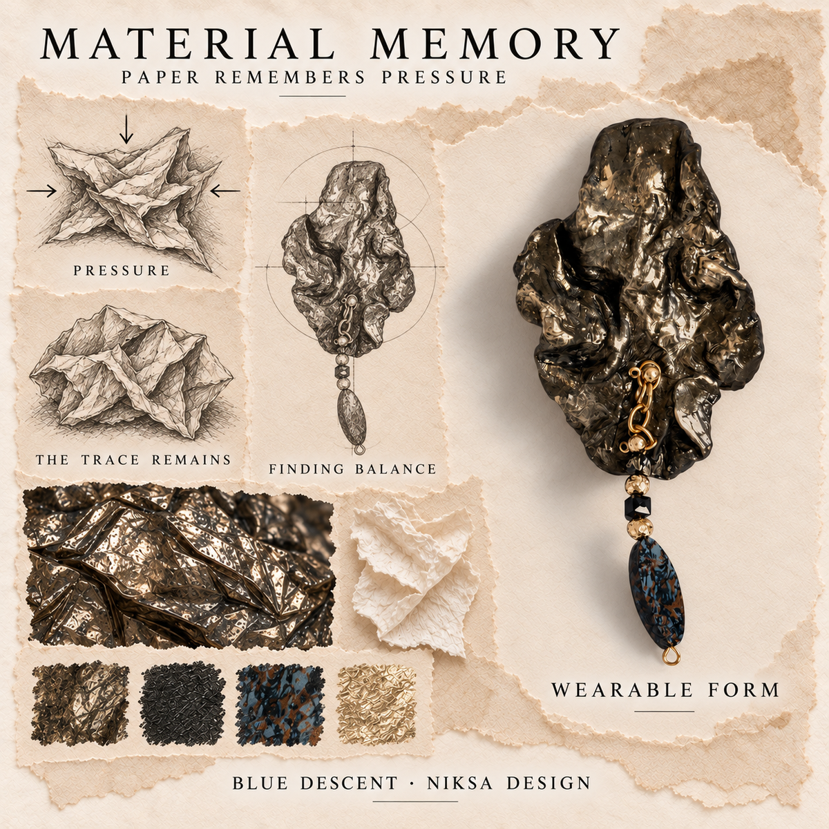 Blue Descent concept moodboard with sculptural jewelry, texture details and graphite studies of pressure, visible traces and balance.