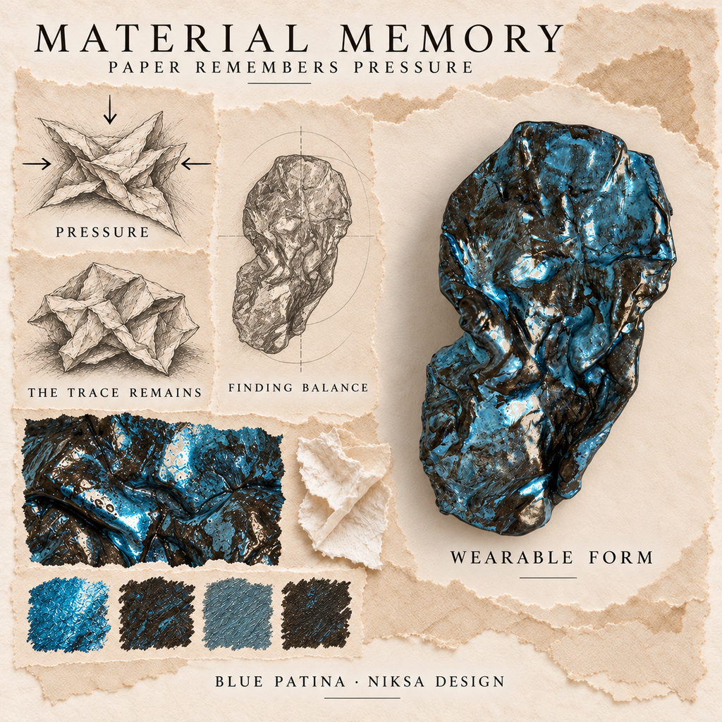 Blue Patina concept moodboard with sculptural jewelry, texture details and graphite studies of pressure, visible traces and balance.