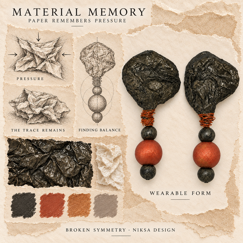 Broken Symmetry concept moodboard: paper compression, retained folds and renewed balance, with sculptural earrings and graphite studies.