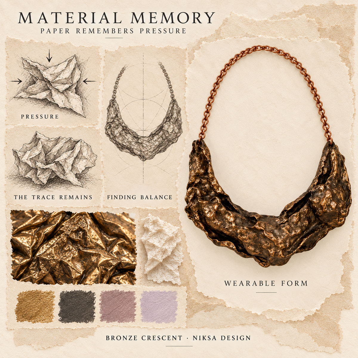 Bronze Crescent concept moodboard with sculptural jewelry, texture details and graphite studies of pressure, visible traces and balance.