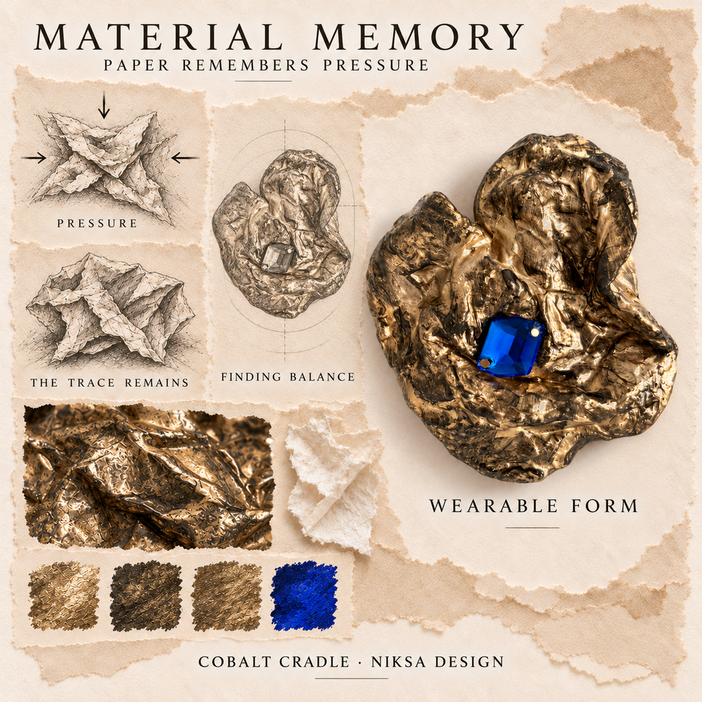 Cobalt Cradle concept moodboard with sculptural jewelry, texture details and graphite studies of pressure, visible traces and balance.