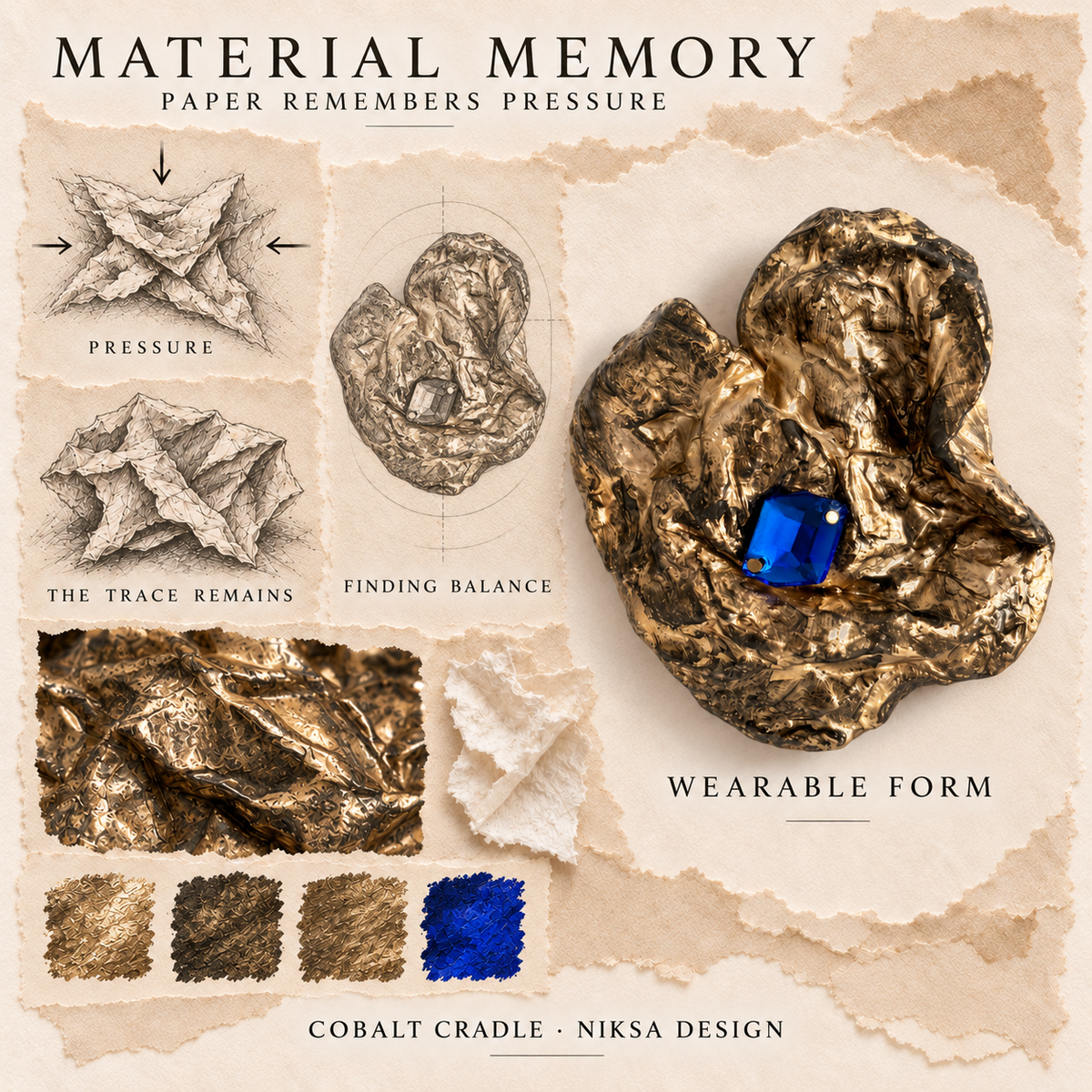 Cobalt Cradle concept moodboard with sculptural jewelry, texture details and graphite studies of pressure, visible traces and balance.
