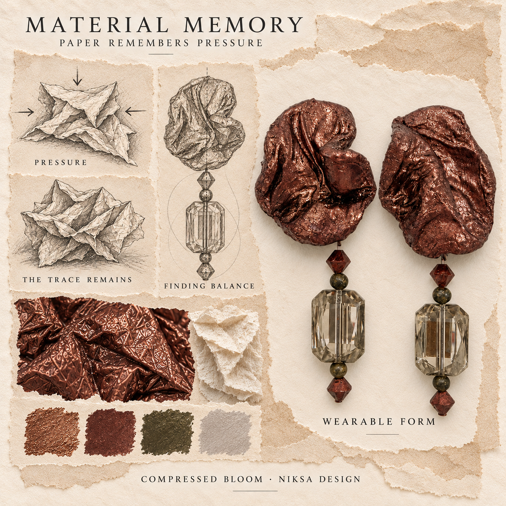Compressed Bloom concept moodboard: paper compression, retained folds and renewed balance, with sculptural earrings and graphite studies.