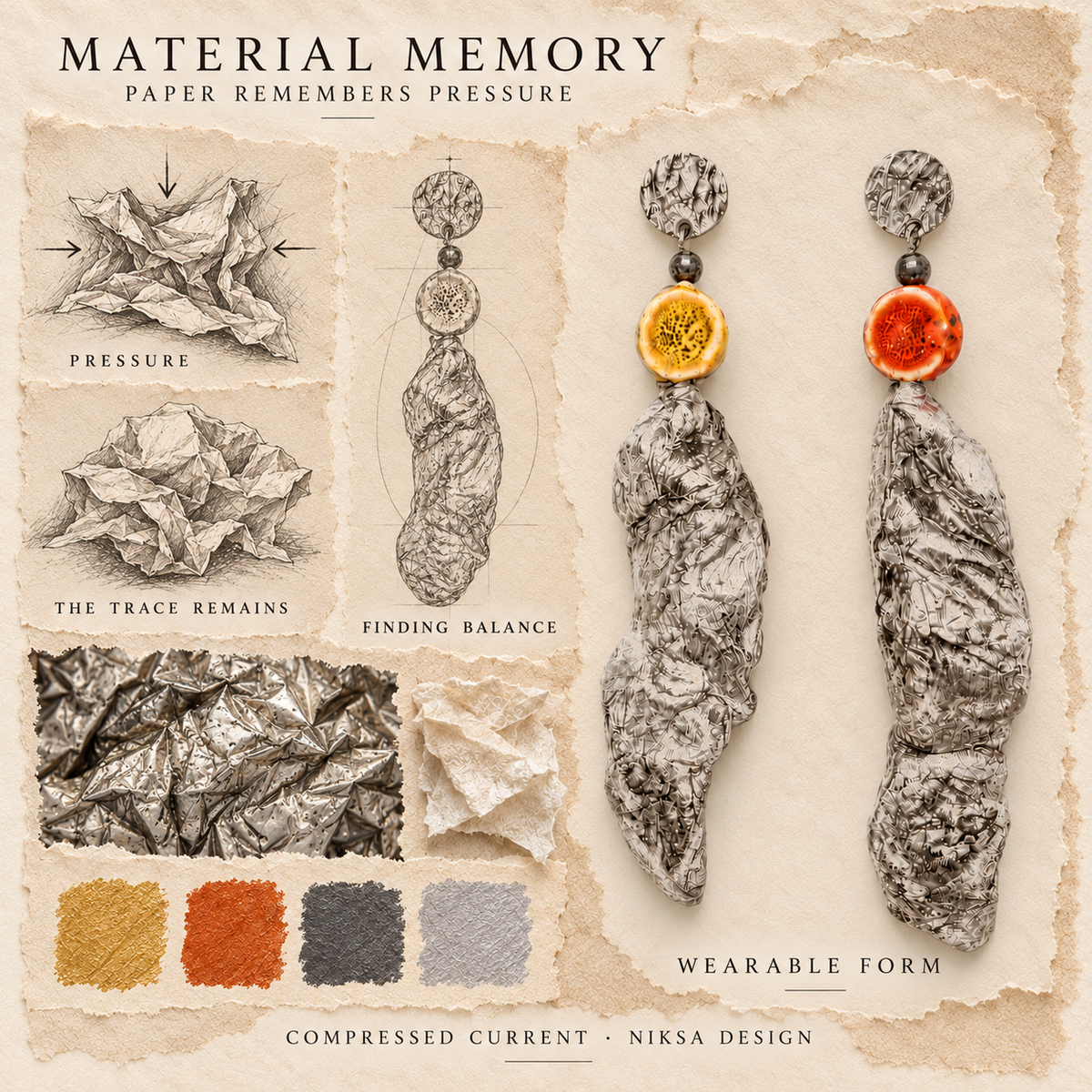 Compressed Current concept moodboard: paper compression, retained folds and renewed balance, with sculptural earrings and graphite studies.