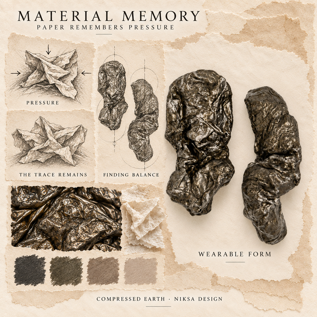 Compressed Earth concept moodboard: paper compression, retained folds and renewed balance, with sculptural earrings and graphite studies.