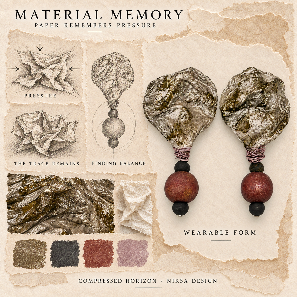 Compressed Horizon concept moodboard: paper compression, retained folds and renewed balance, with sculptural earrings and graphite studies.