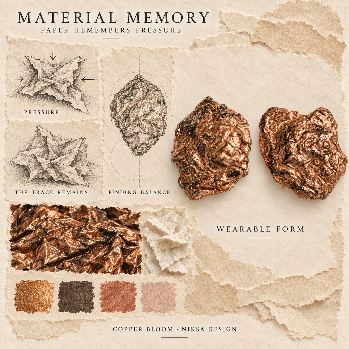 Copper Bloom concept moodboard: paper compression, retained folds and renewed balance, with sculptural earrings and graphite studies.